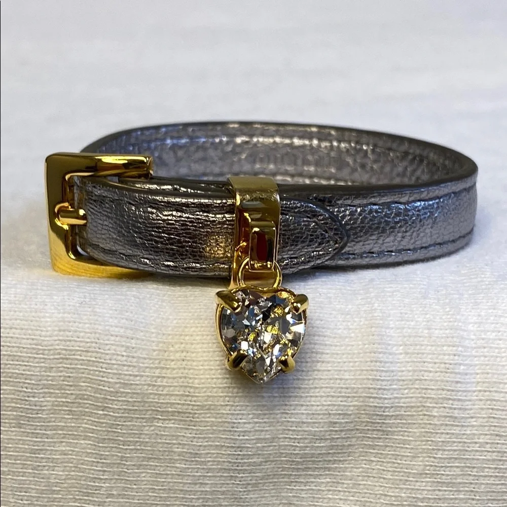 Miu Miu Silver Metallic Leather Bracelet with Goldtone Metal & Rhinestone (7.5") - Picture 1 of 6